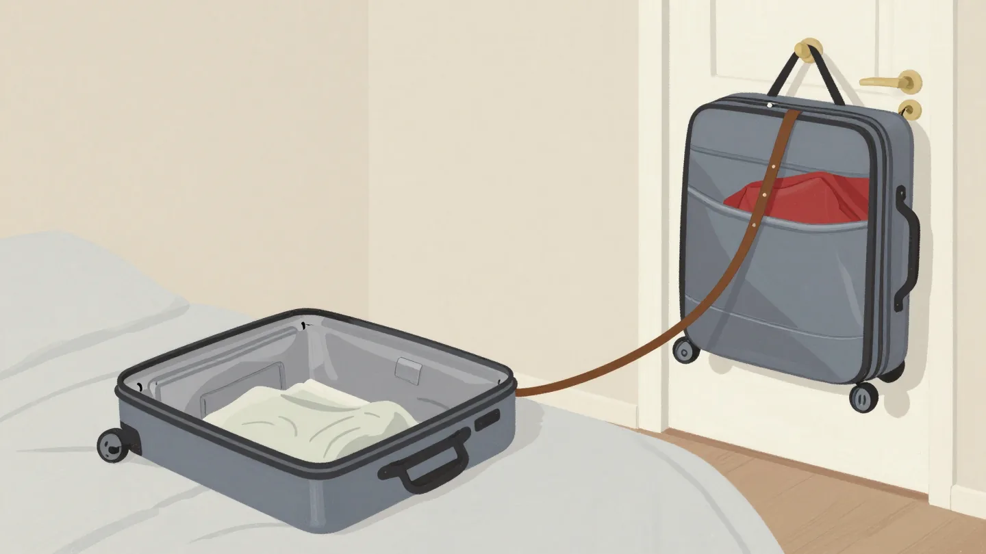 An open suitcase on a bed and a travel trunk by the door, linked by a leather strap between their handles.