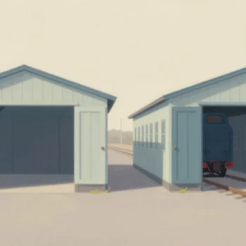 Gouache painting: two identical engine sheds stand side by side in a railway yard