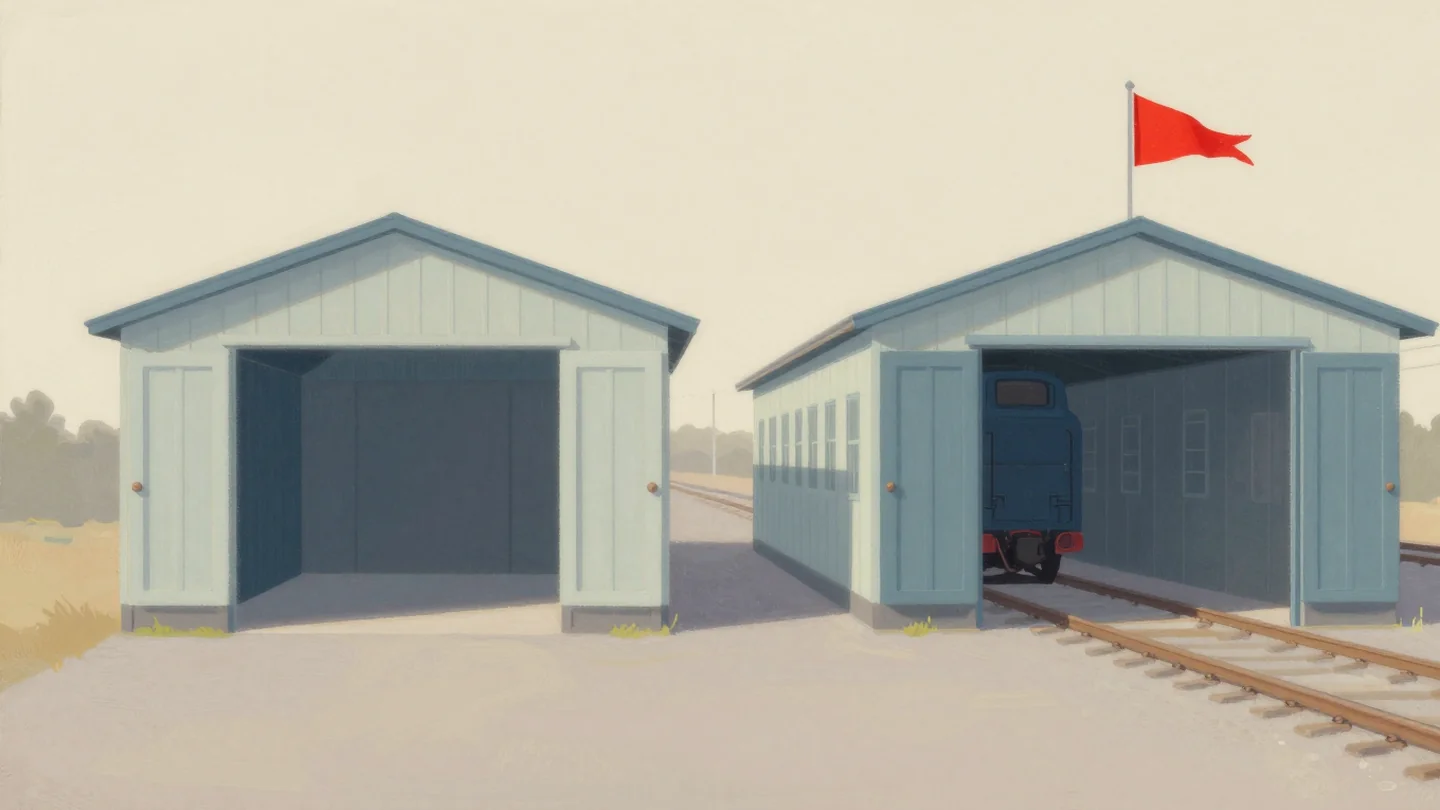 Gouache painting: two identical engine sheds stand side by side in a railway yard