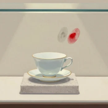 A museum display case with an untouched porcelain teacup inside and a clear set of fingerprints on the glass.