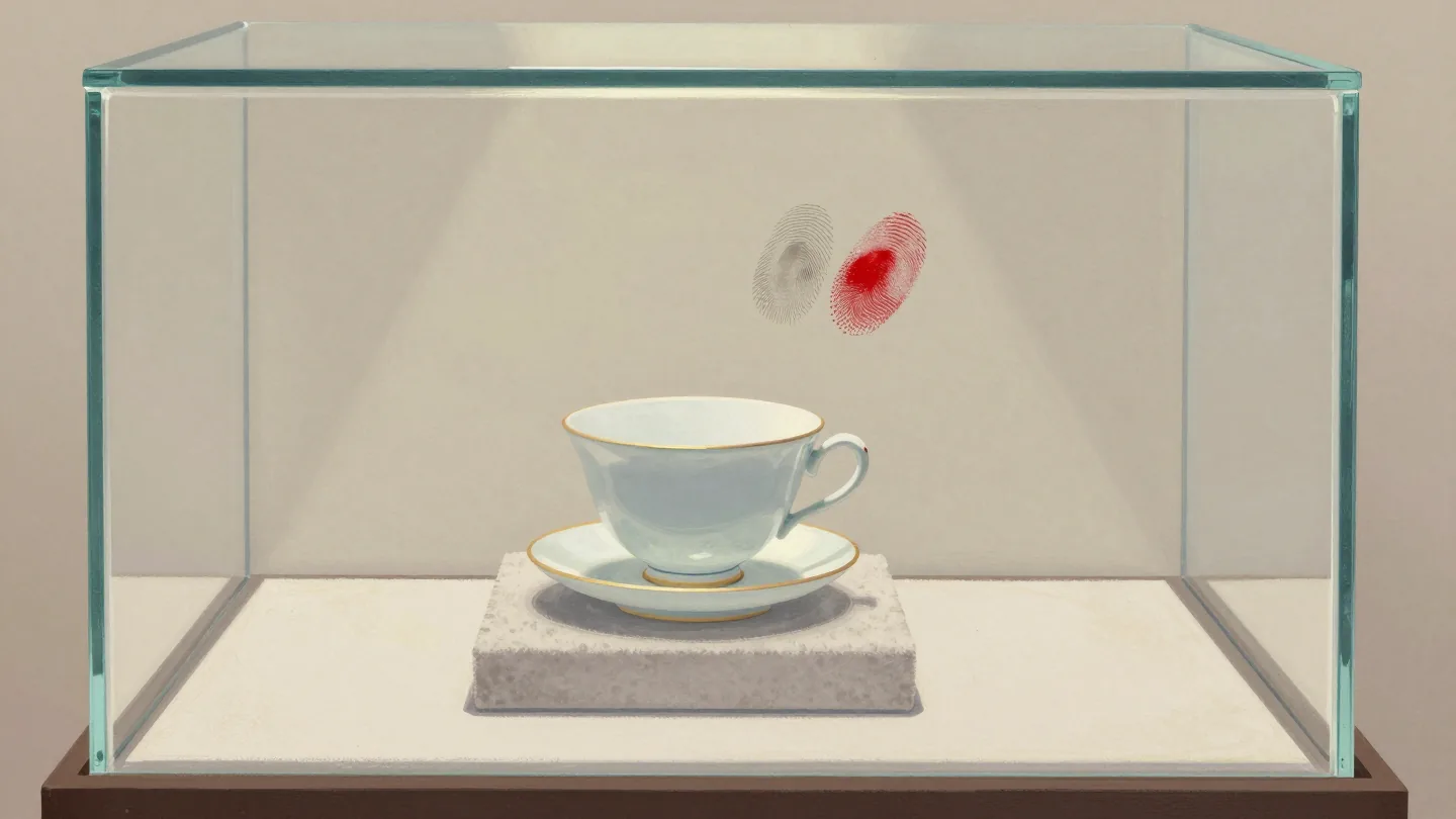 A museum display case with an untouched porcelain teacup inside and a clear set of fingerprints on the glass.