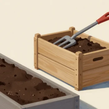 A half-full compost bin with a red-handled fork, compost spread on the bed