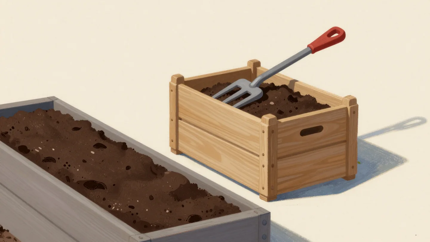 A half-full compost bin with a red-handled fork, compost spread on the bed