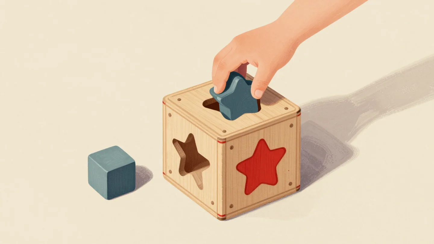 A child's hand fitting a star-shaped block into the matching hole of a wooden shape-sorter box