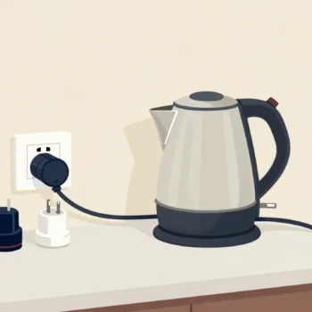 An electric kettle on a counter beside three different plug adapters, one of them fitted into the wall socket.