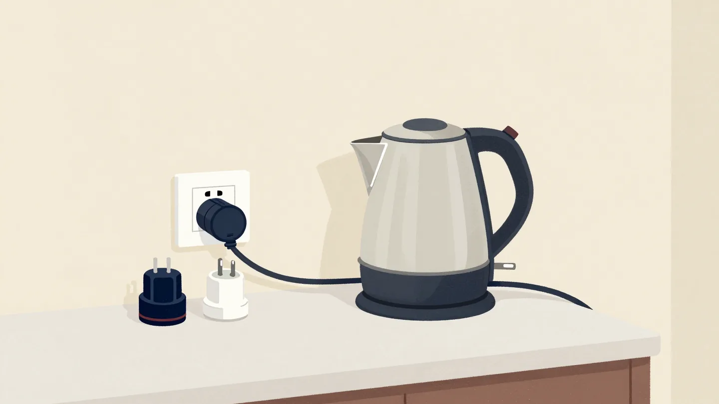 An electric kettle on a counter beside three different plug adapters, one of them fitted into the wall socket.