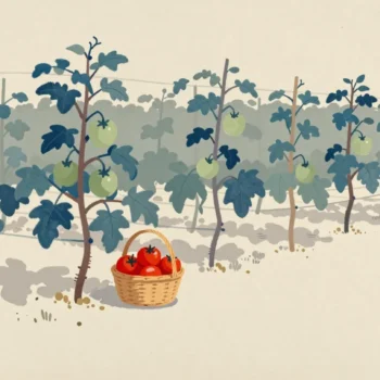 A small basket of ripe red tomatoes carried along a long row of vines where most tomatoes are still green.