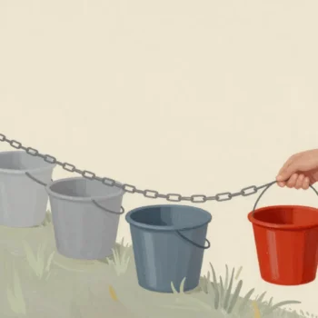 A line of hands passing buckets, one hand holding a red bucket far too long