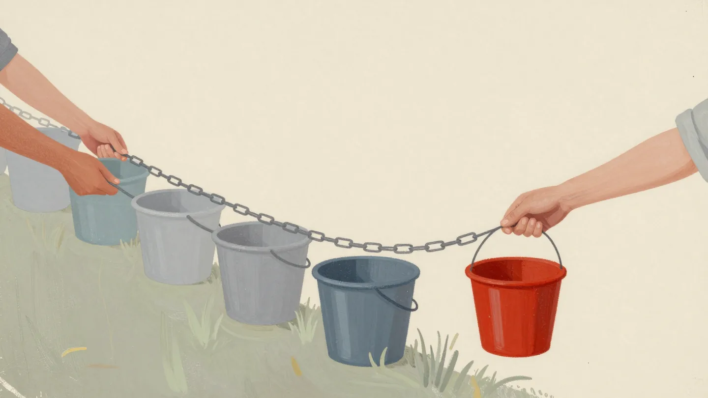 A line of hands passing buckets, one hand holding a red bucket far too long