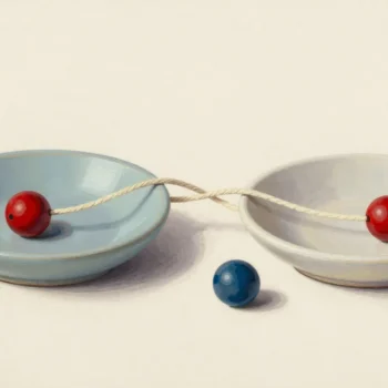Two shallow ceramic bowls hold red beads joined by cream cords, with a blue bead resting in front.
