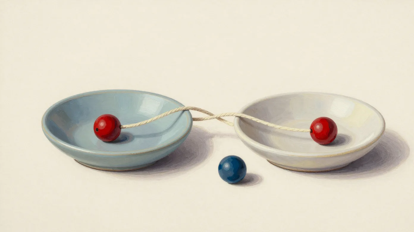 Two shallow ceramic bowls hold red beads joined by cream cords, with a blue bead resting in front.