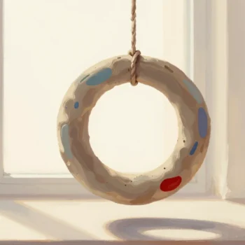 Gouache painting: a thick ring of clay hangs level from a single cord, attached to a thin wire cross that spans the ring's open center