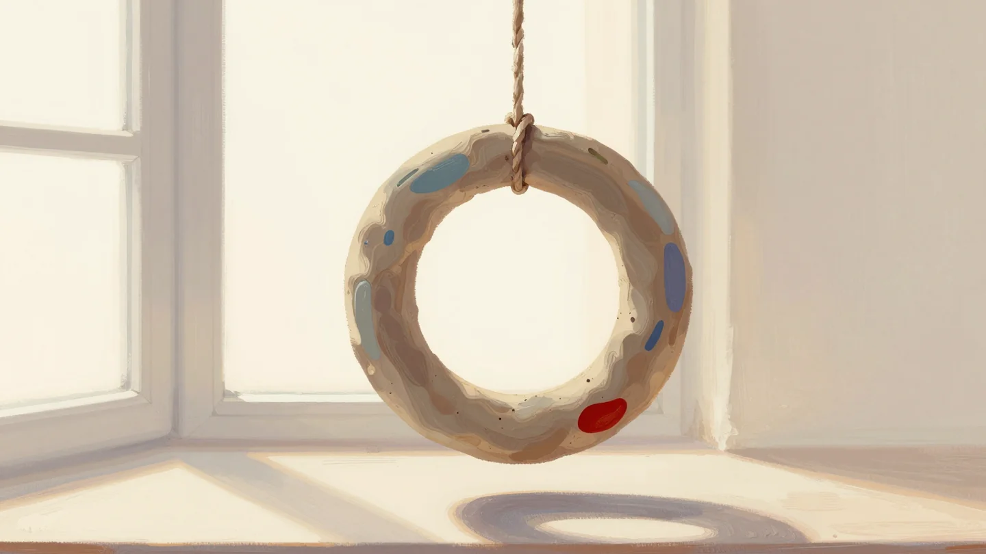 Gouache painting: a thick ring of clay hangs level from a single cord, attached to a thin wire cross that spans the ring's open center