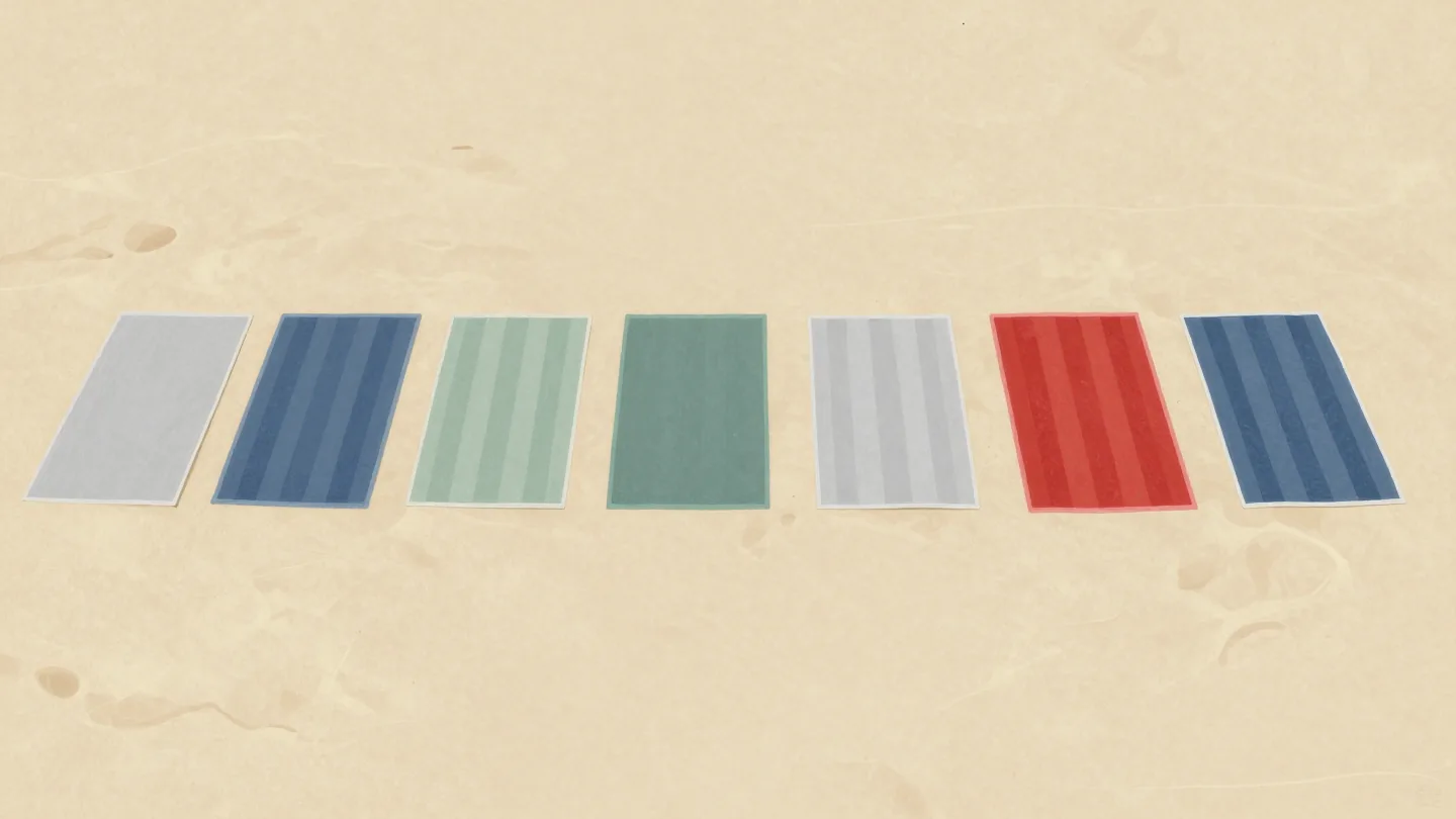 Beach towels laid edge to edge on the sand, seen from above, one red towel overlapping its neighbor