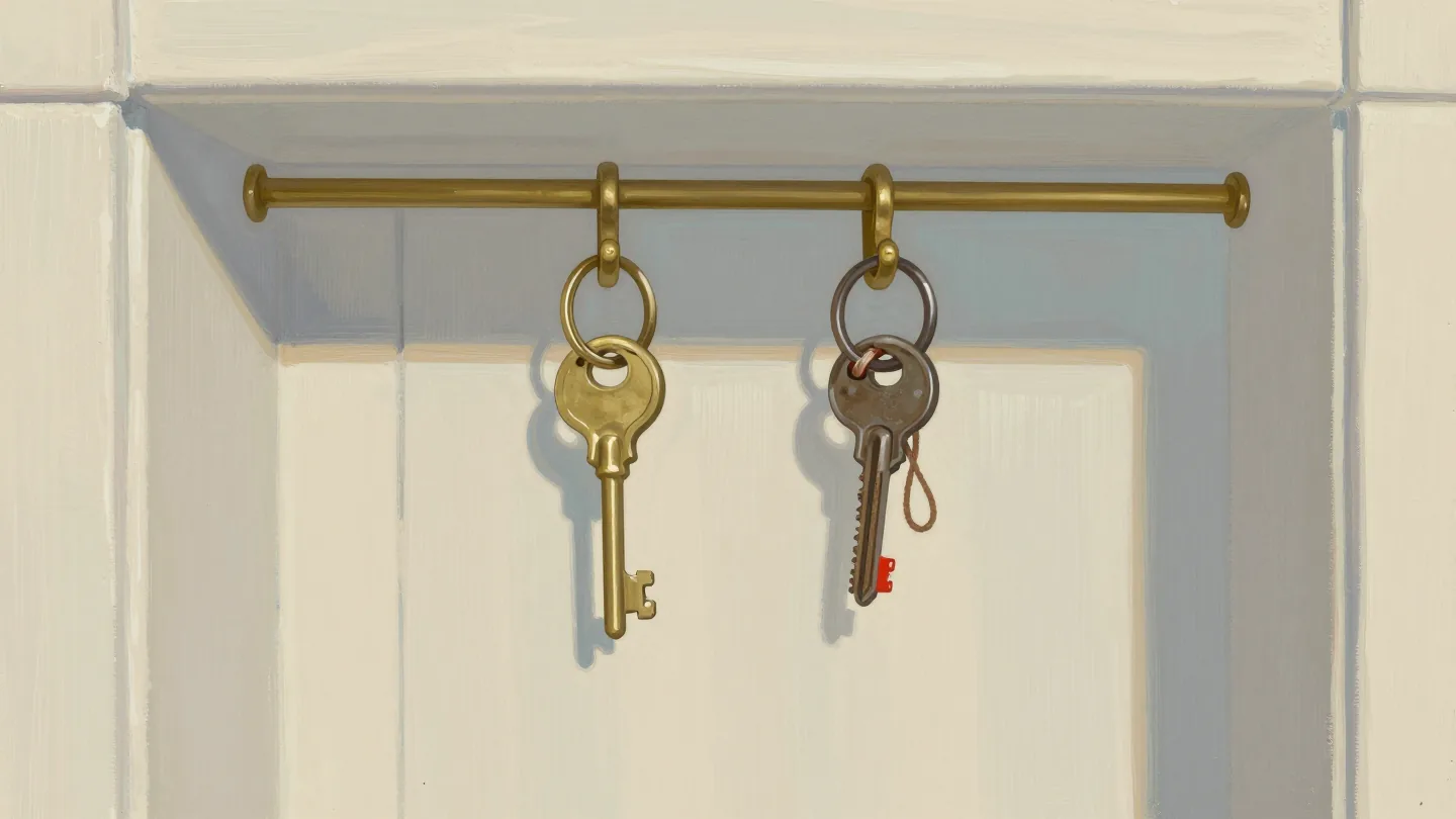 Two rings of keys hang inside a cupboard door, one bright and new, the other old, tarnished and tied with string.