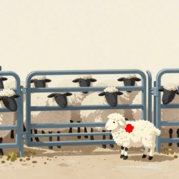A hand working a sorting gate at a sheep pen, holding back one red-marked sheep
