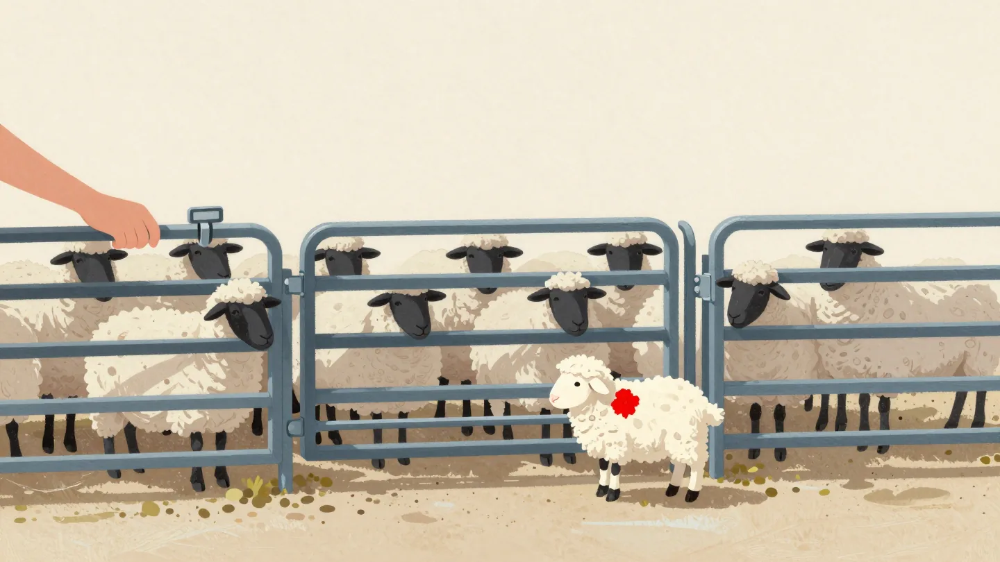 A hand working a sorting gate at a sheep pen, holding back one red-marked sheep