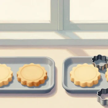 Gouache painting: two small trays sit side by side holding the same pair of shortbread rounds, one scalloped and one plain