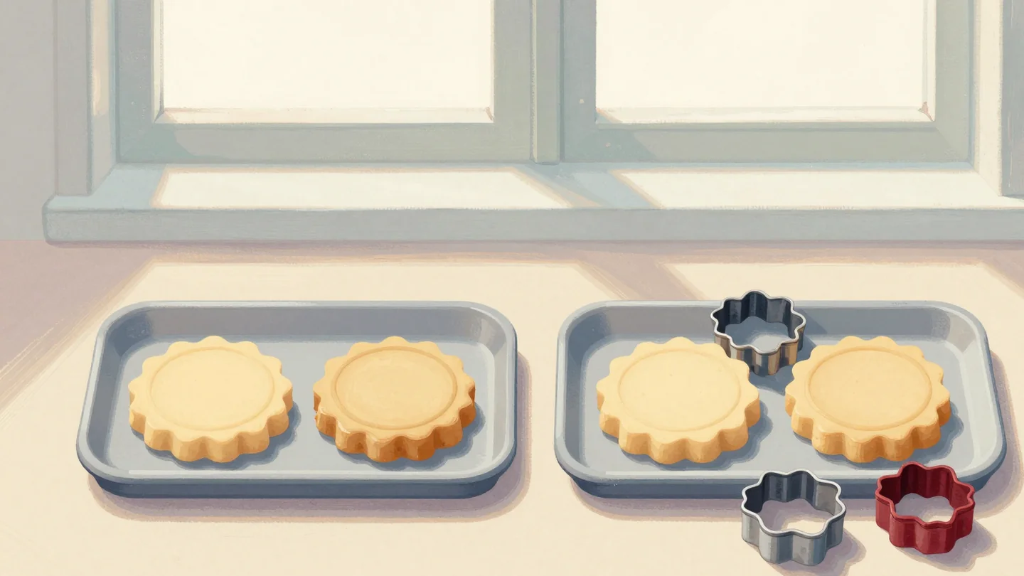 Gouache painting: two small trays sit side by side holding the same pair of shortbread rounds, one scalloped and one plain