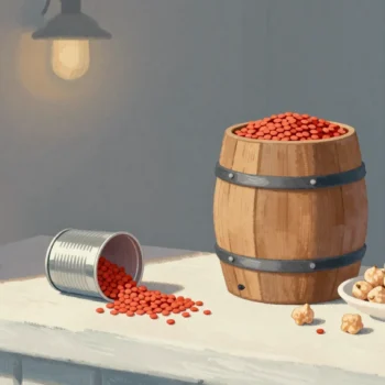Gouache painting: at a grain stall a small tin cup overflows with tiny red lentils, spilling a heap onto the counter