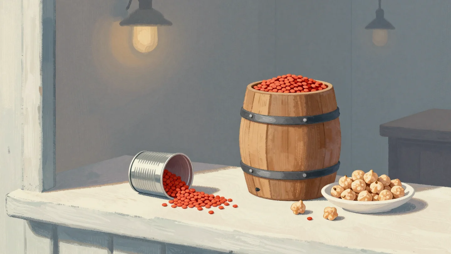 Gouache painting: at a grain stall a small tin cup overflows with tiny red lentils, spilling a heap onto the counter