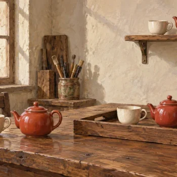 Detailed painting of three matching cup-and-teapot pairs, one on a table, one in a wooden tray, and one on a fixed open shelf.