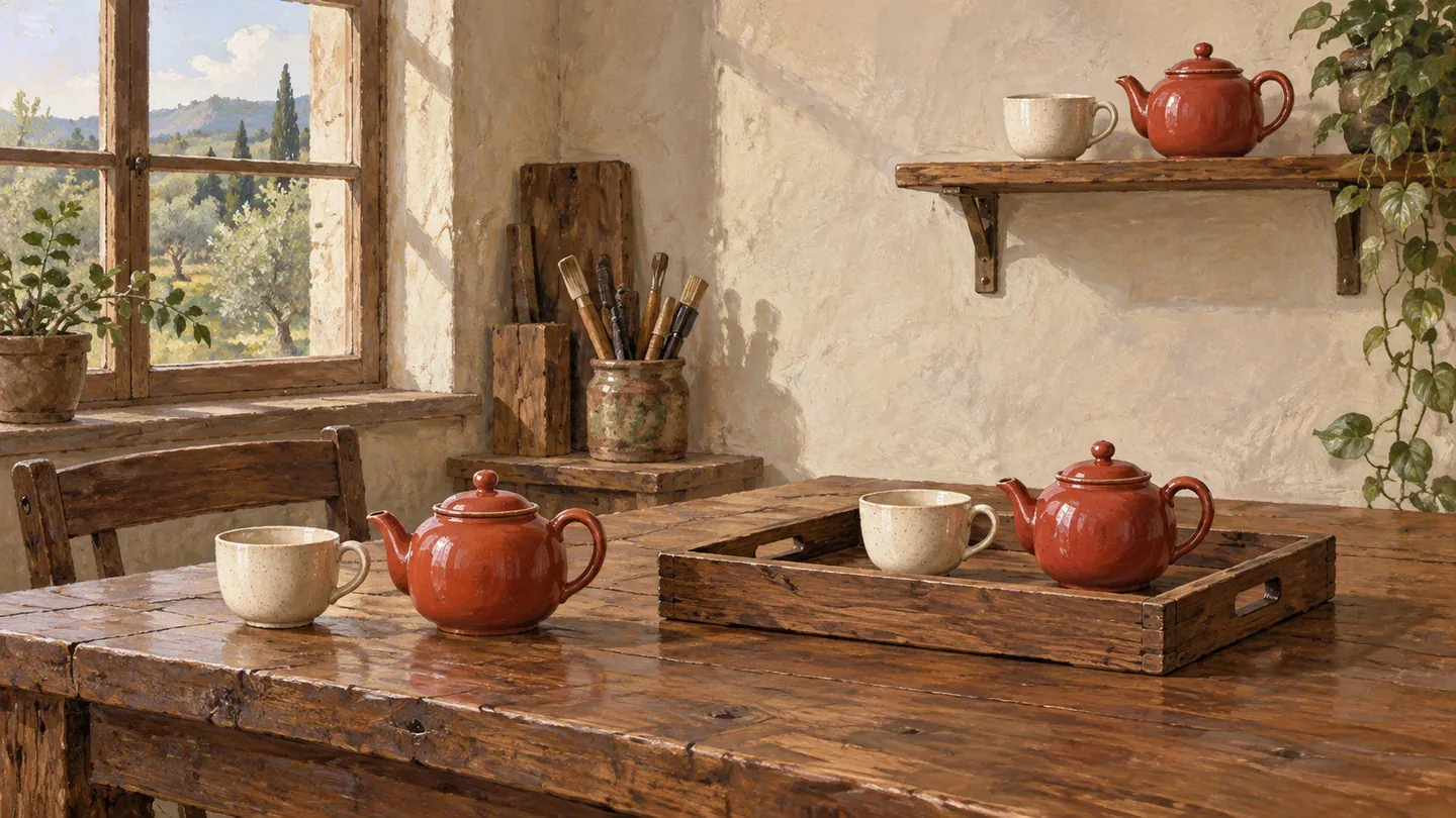 Detailed painting of three matching cup-and-teapot pairs, one on a table, one in a wooden tray, and one on a fixed open shelf.