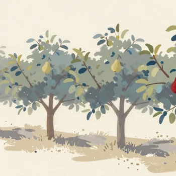 Gouache painting: a row of four pear trees in an orchard