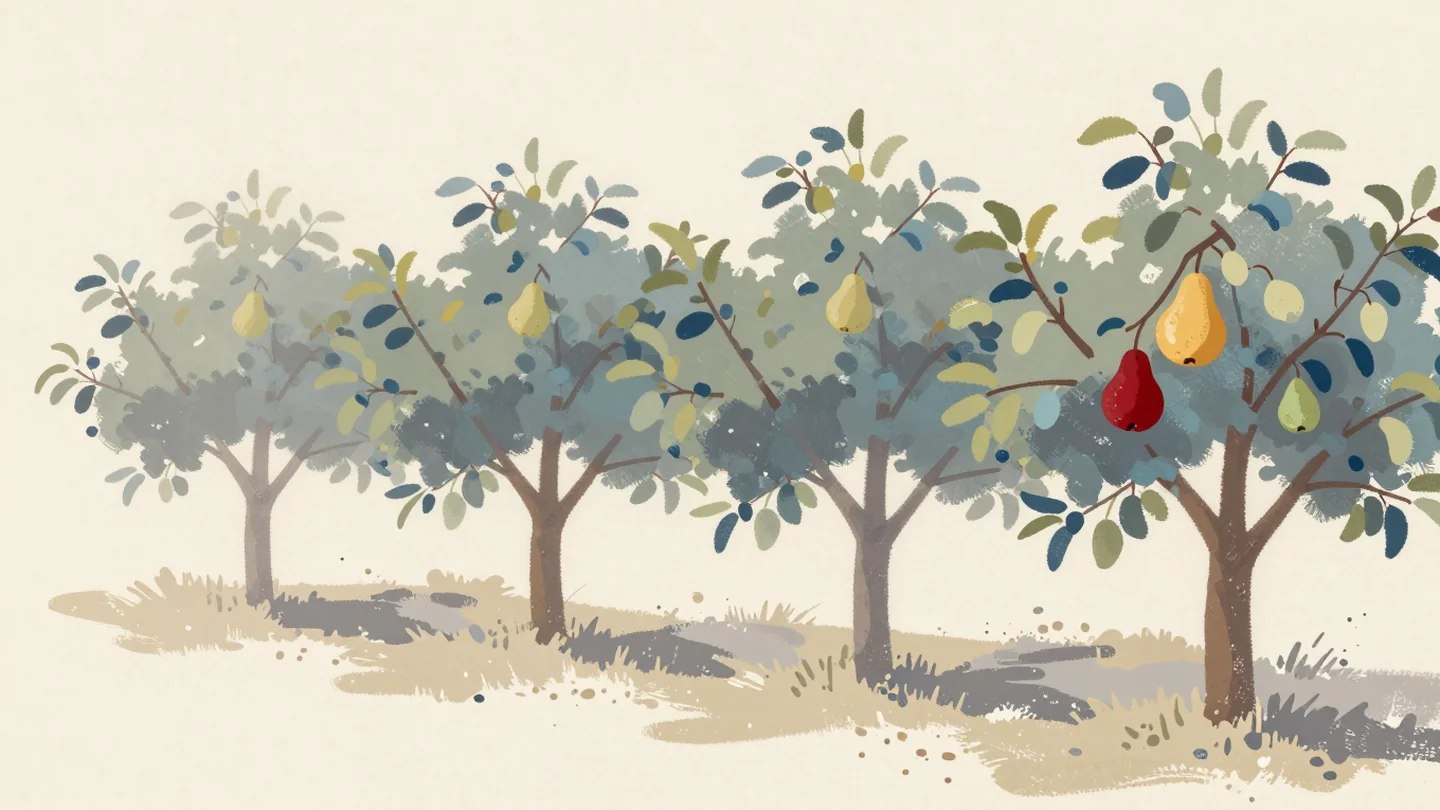 Gouache painting: a row of four pear trees in an orchard