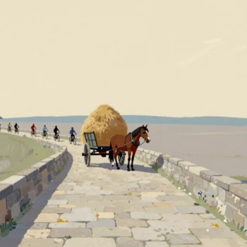 An unattended hay wagon stands in the middle of a narrow stone bridge while a line of cyclists waits behind it.