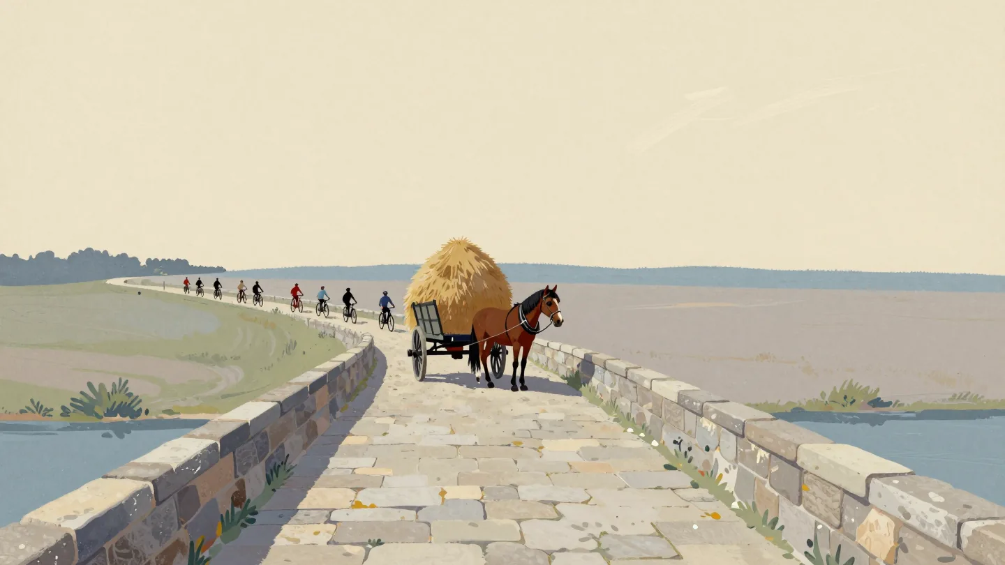 An unattended hay wagon stands in the middle of a narrow stone bridge while a line of cyclists waits behind it.