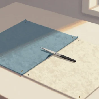 Gouache painting: on a sewing table, a slate blue felt rectangle and a cream felt rectangle were overlapped by half and pinned