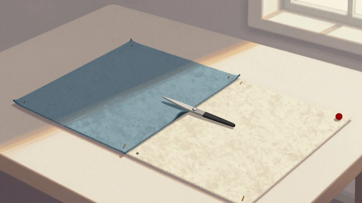 Gouache painting: on a sewing table, a slate blue felt rectangle and a cream felt rectangle were overlapped by half and pinned