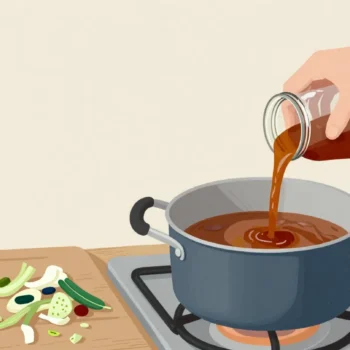 A saucepan of stock reduced to a thick sauce, a hand filling a small jar from it beside a heap of vegetable scraps.