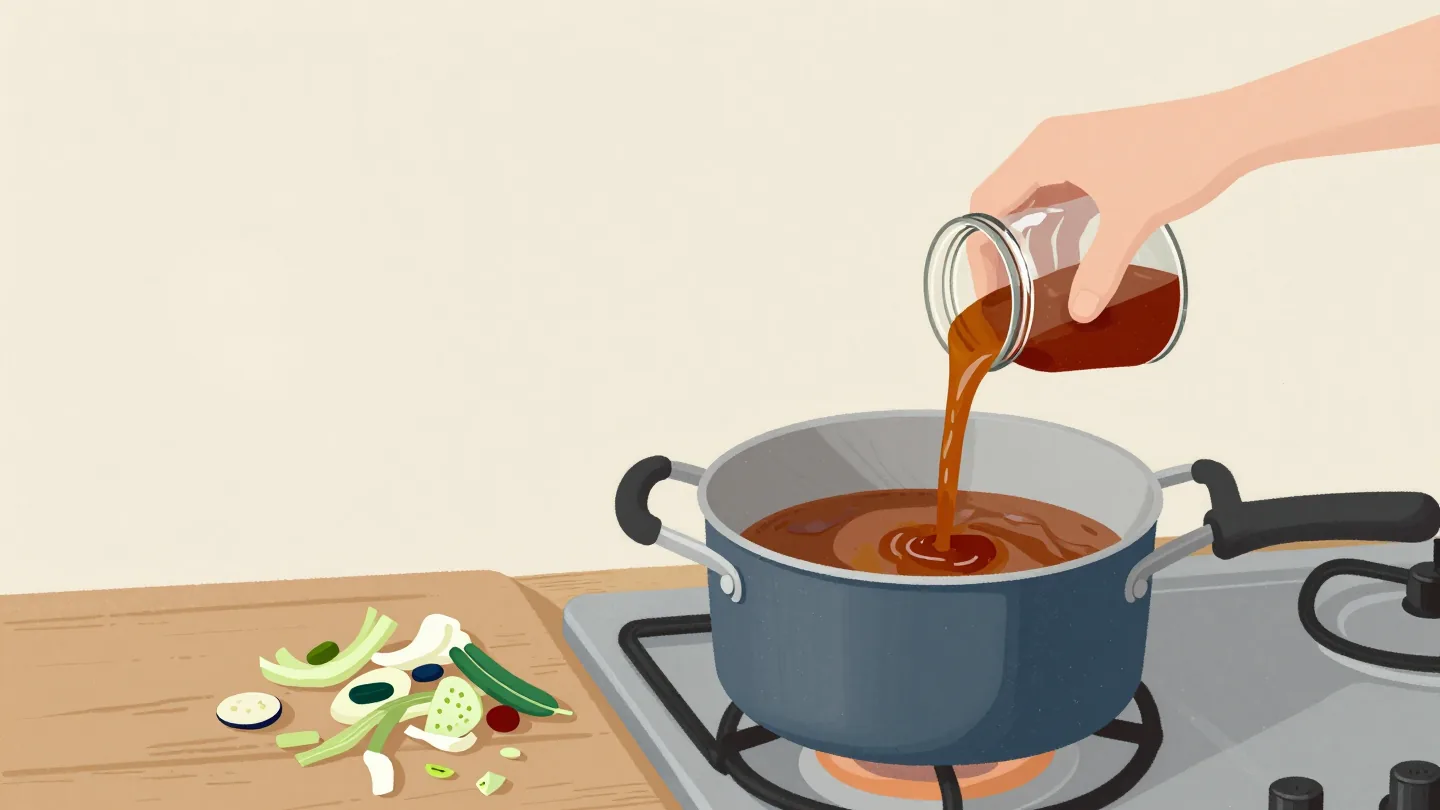 A saucepan of stock reduced to a thick sauce, a hand filling a small jar from it beside a heap of vegetable scraps.
