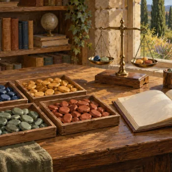 Four wooden trays of colored stones beside a brass balance and an open blank book.