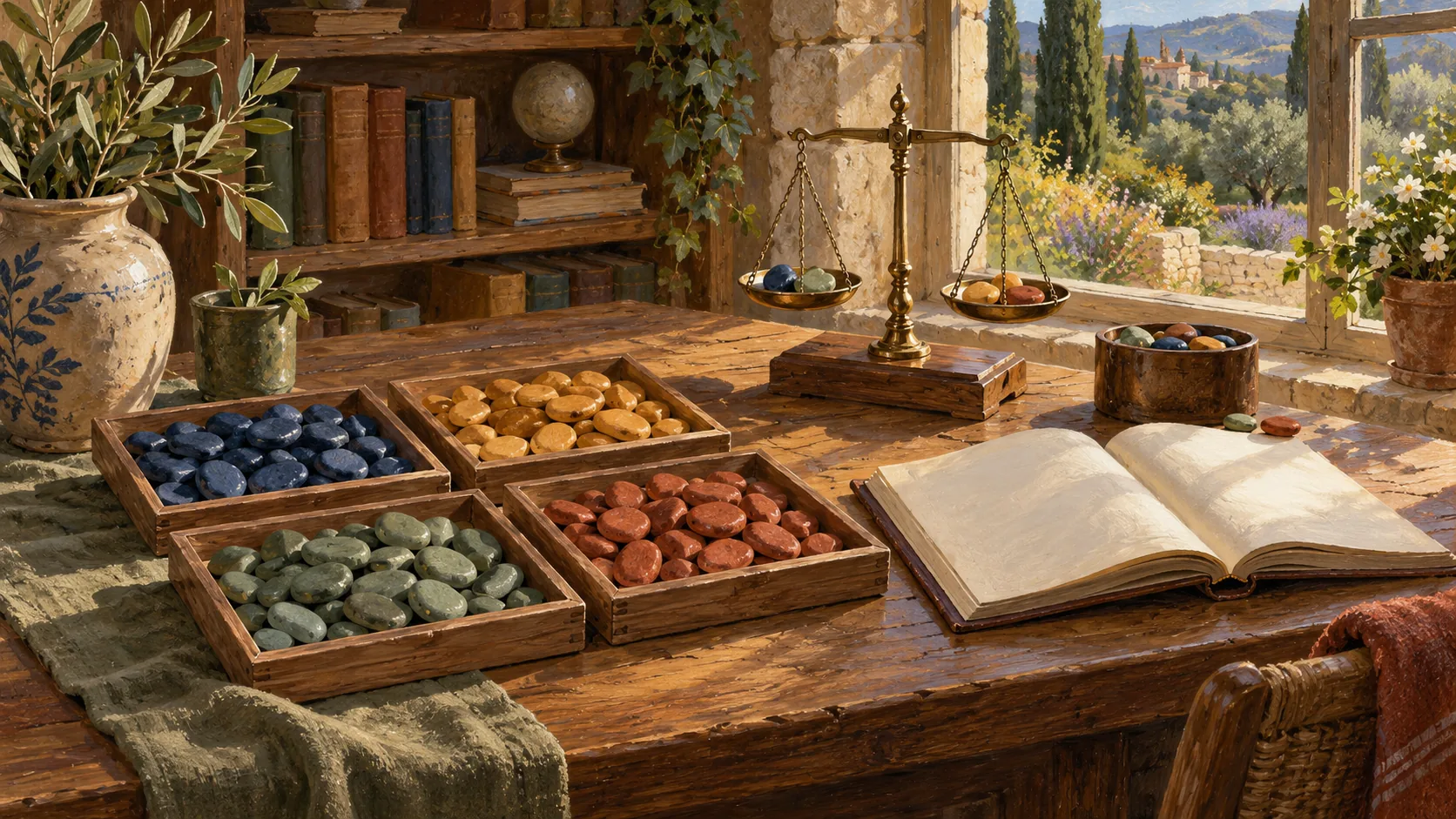Four wooden trays of colored stones beside a brass balance and an open blank book.