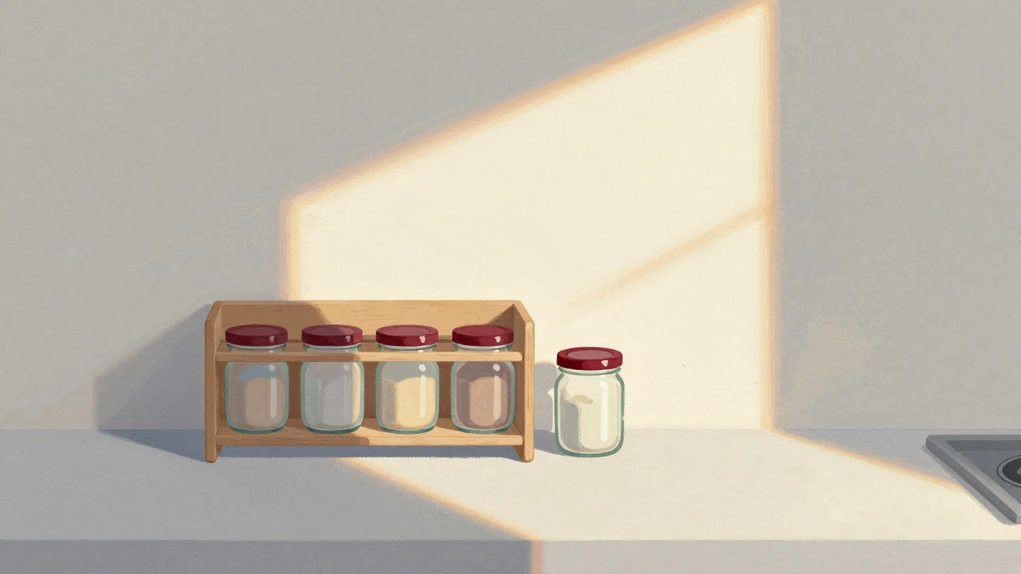 Gouache painting: a narrow wooden spice rack with exactly four small round slots stands on a kitchen counter, all four slots filled with matching small glass jars