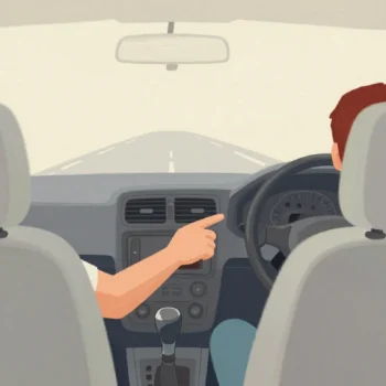 A driver seen from behind in a car built for the other side of the road, reaching for a gear lever in the wrong place