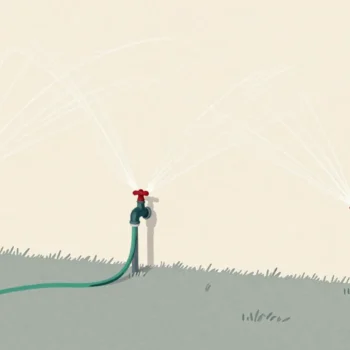 Three garden sprinklers on separate hoses, all fed from one outdoor tap, each spraying a weak short arc.