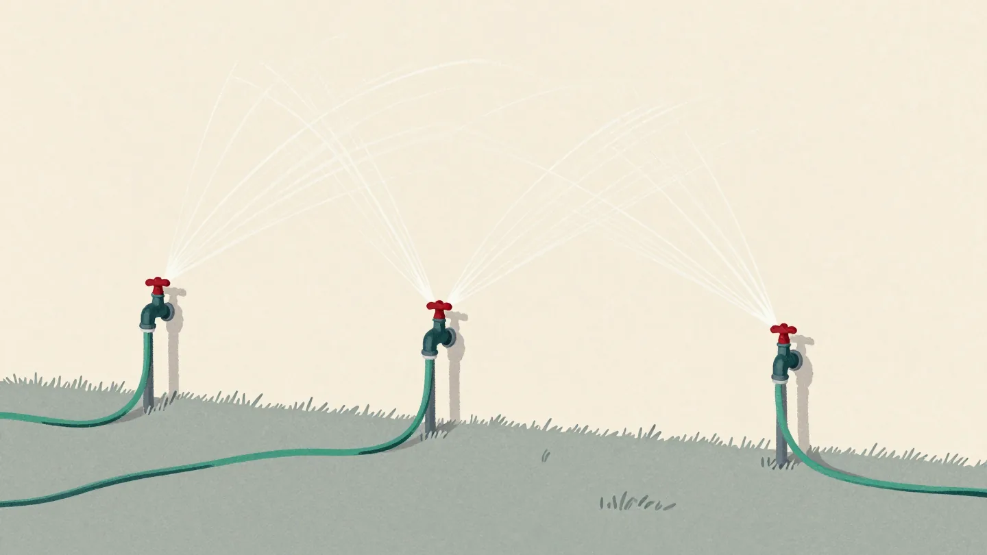 Three garden sprinklers on separate hoses, all fed from one outdoor tap, each spraying a weak short arc.