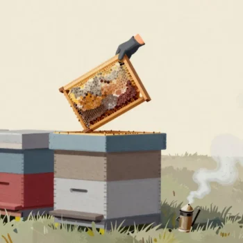 Gloved hands lifting a honeycomb frame from a stacked wooden beehive in a meadow, smoke drifting nearby