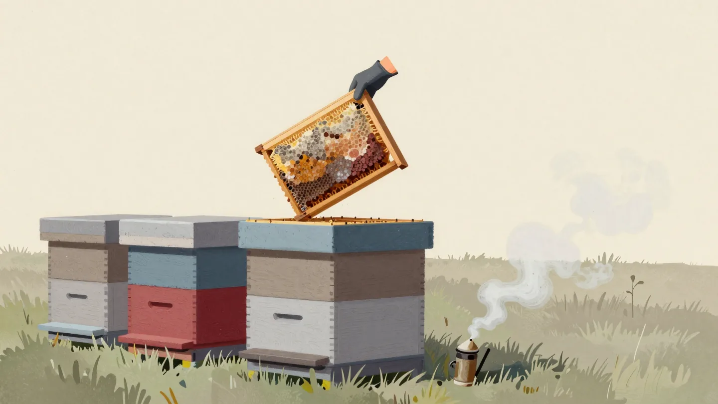 Gloved hands lifting a honeycomb frame from a stacked wooden beehive in a meadow, smoke drifting nearby
