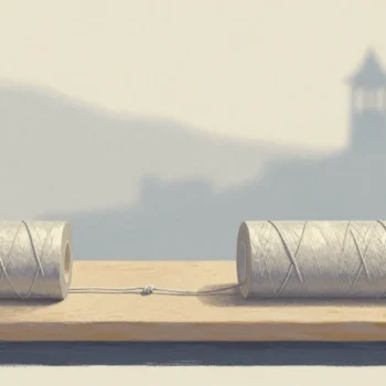 Gouache painting: two identical lengths of linen tape lie side by side on a loom bench, each standing for one day