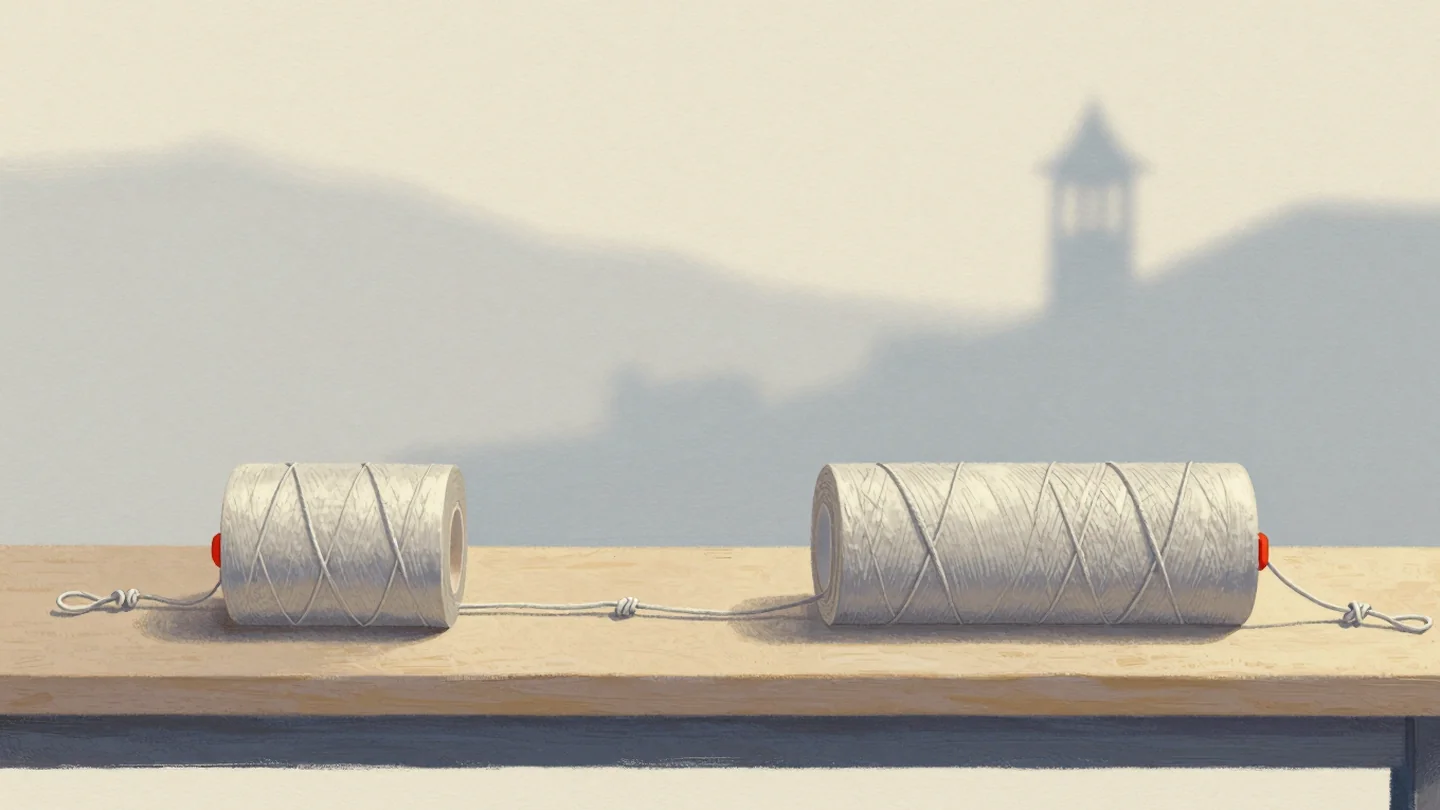 Gouache painting: two identical lengths of linen tape lie side by side on a loom bench, each standing for one day