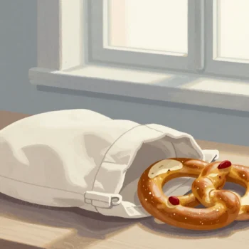 Gouache painting: beside the bag on a wooden board lies a second pretzel that is almost whole, missing only a small torn piece from one arm