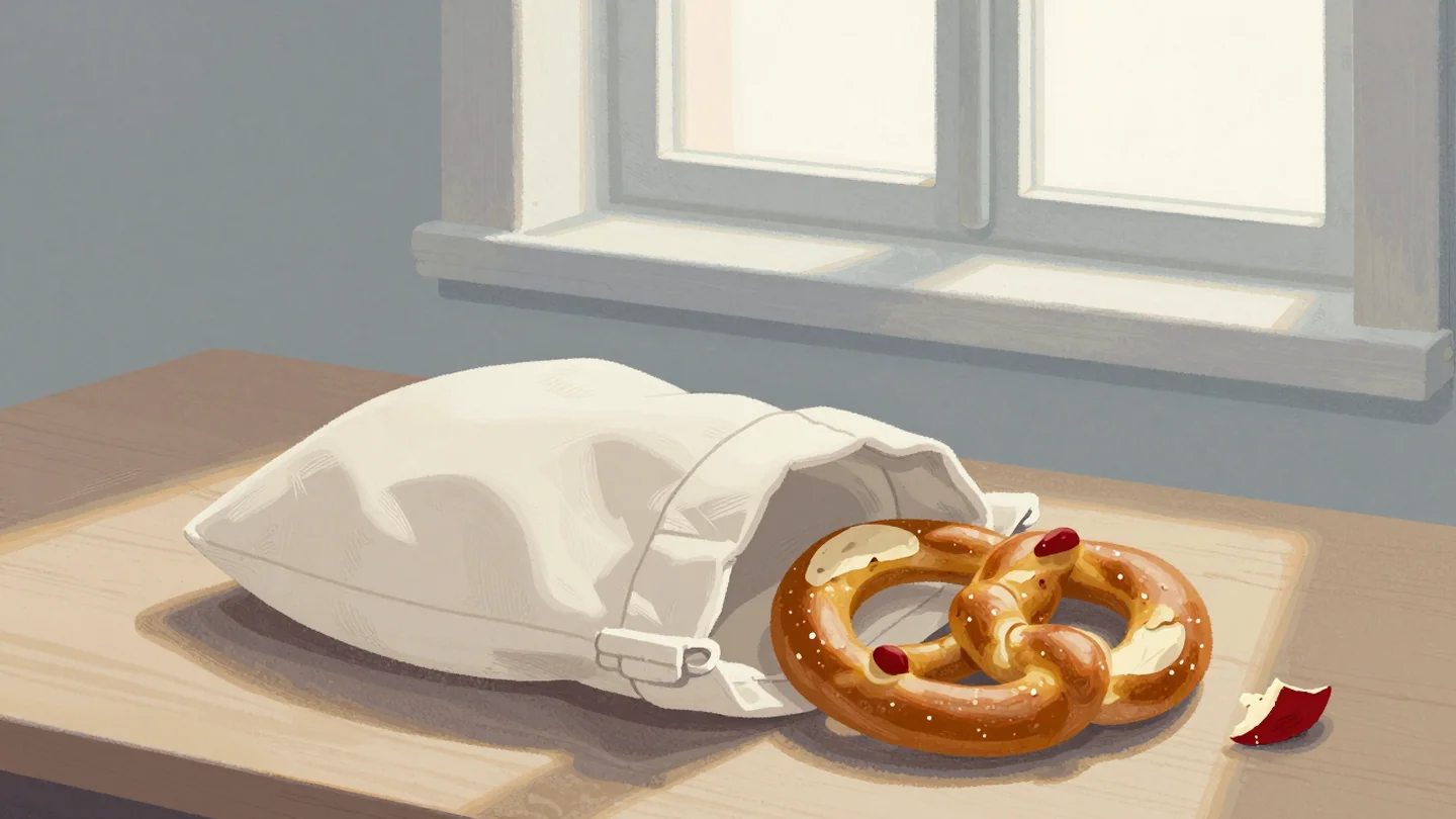 Gouache painting: beside the bag on a wooden board lies a second pretzel that is almost whole, missing only a small torn piece from one arm