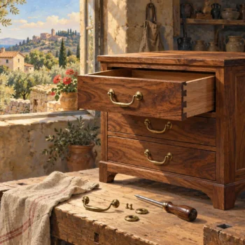 An open drawer in a wooden chest of drawers beside a loose brass handle and small repair parts.