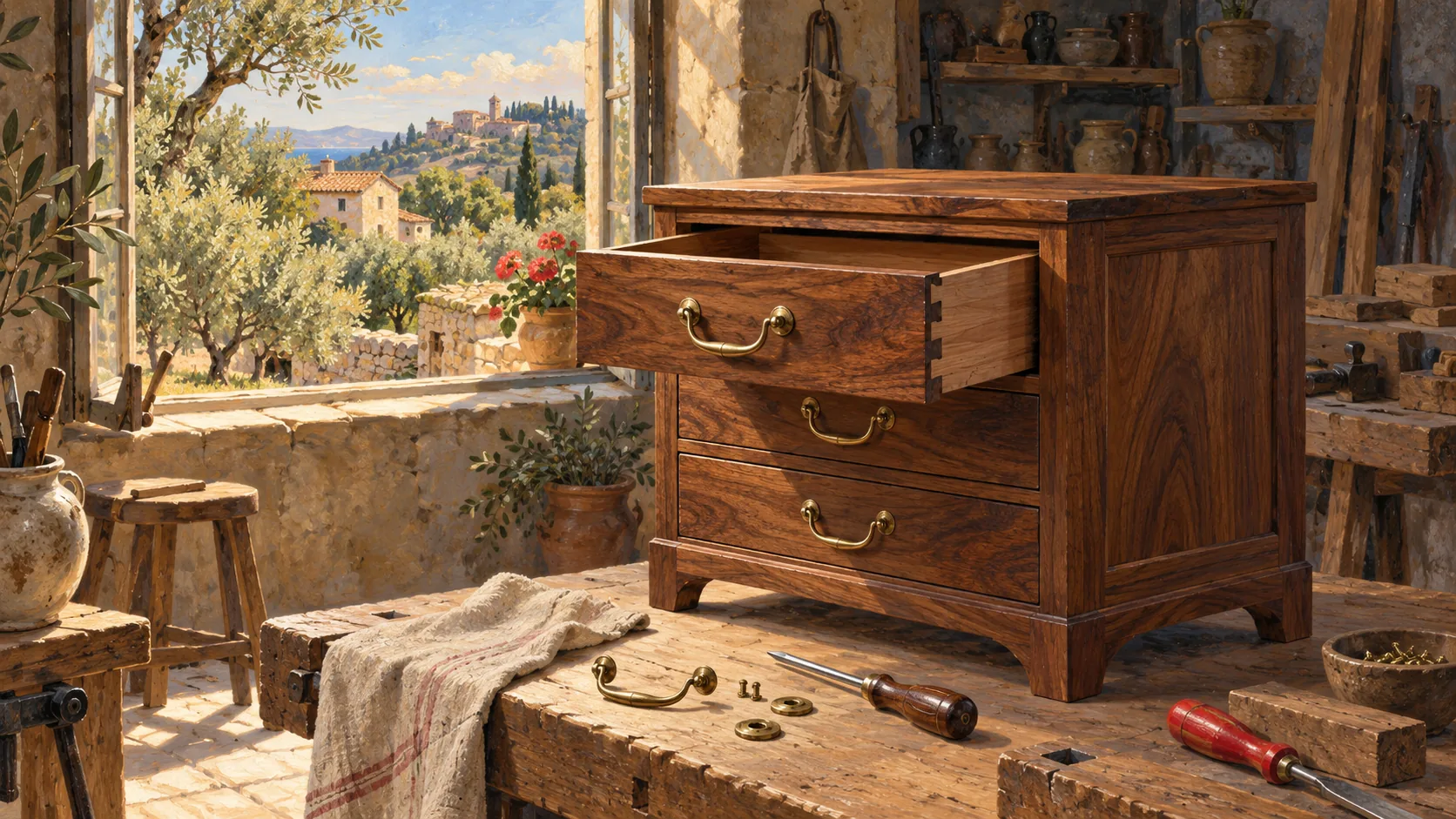 An open drawer in a wooden chest of drawers beside a loose brass handle and small repair parts.