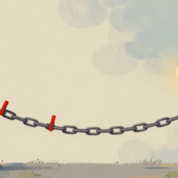 Gouache painting: two chains of equal length are pinned between the same pair of wooden posts